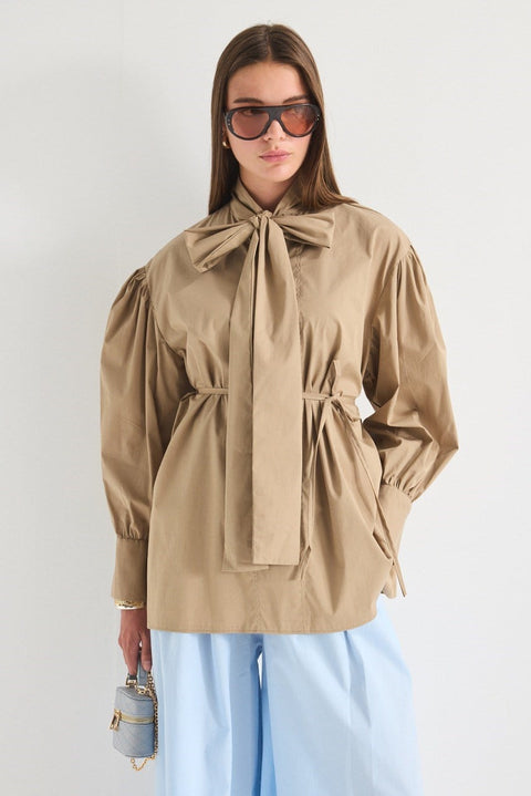Tie-Neck Balloon Sleeve Shirt - Camel