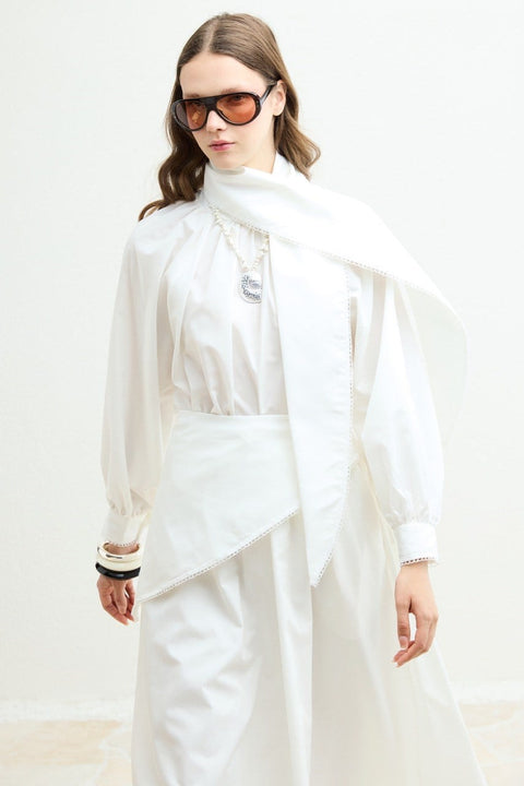Tie-Neck Detail Dacron Skirt Set - Ecru