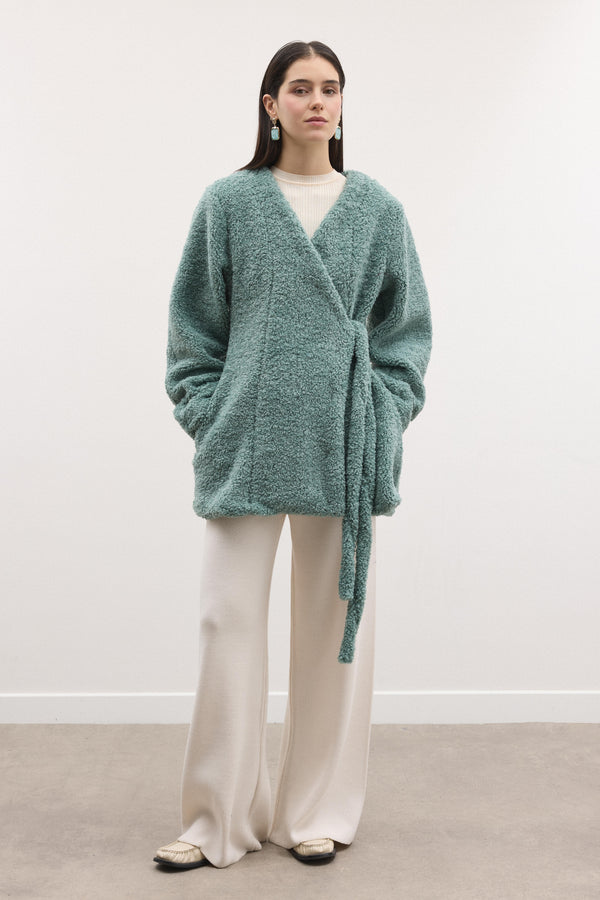 Kruvaze Curly Kaşe Ceket - Mint