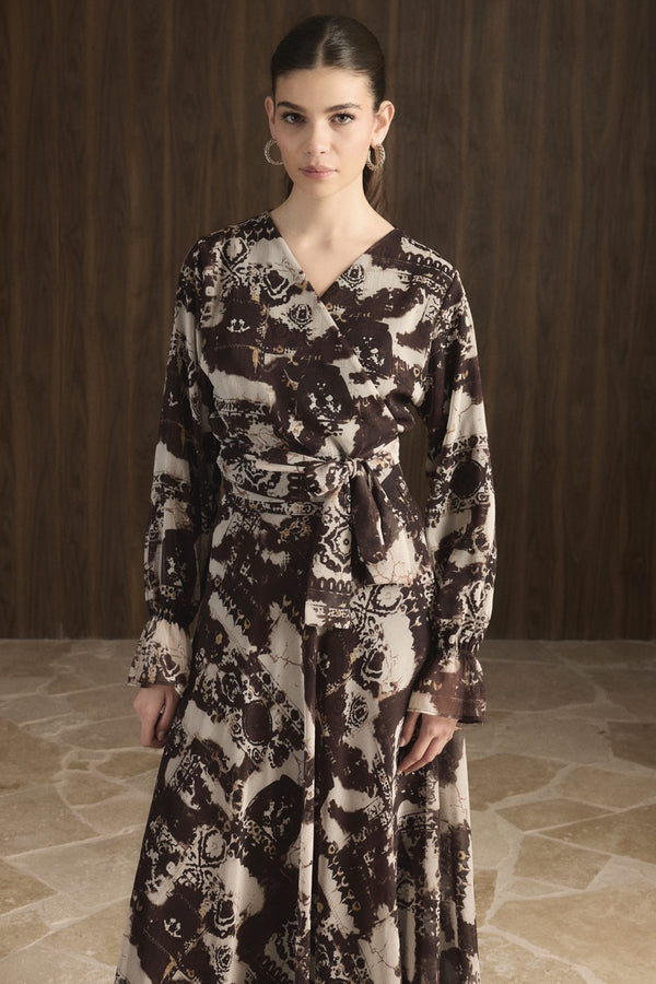 Kruvaze Desenli Şifon Takım - Kahve