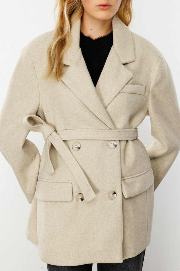 Kruvaze Kapamalı Kaşe Blazer Ceket - Krem