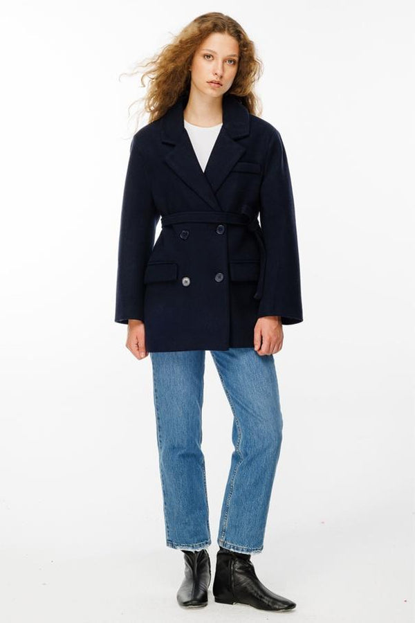 Kruvaze Kapamalı Kaşe Blazer Ceket - Lacivert