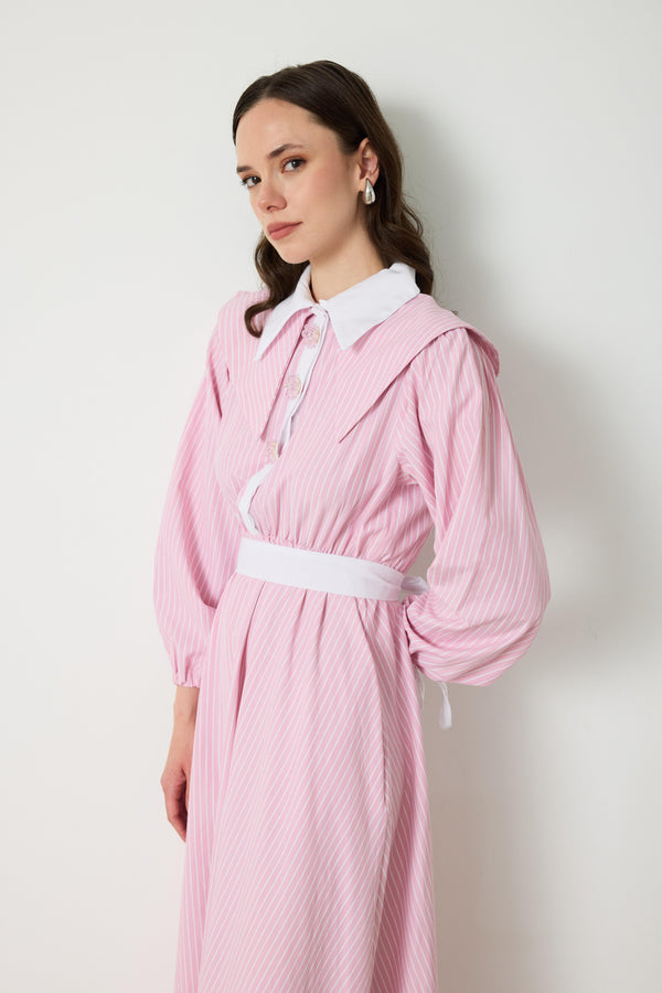 Lana Yaka Patlı Çizgili Elbise - Pembe