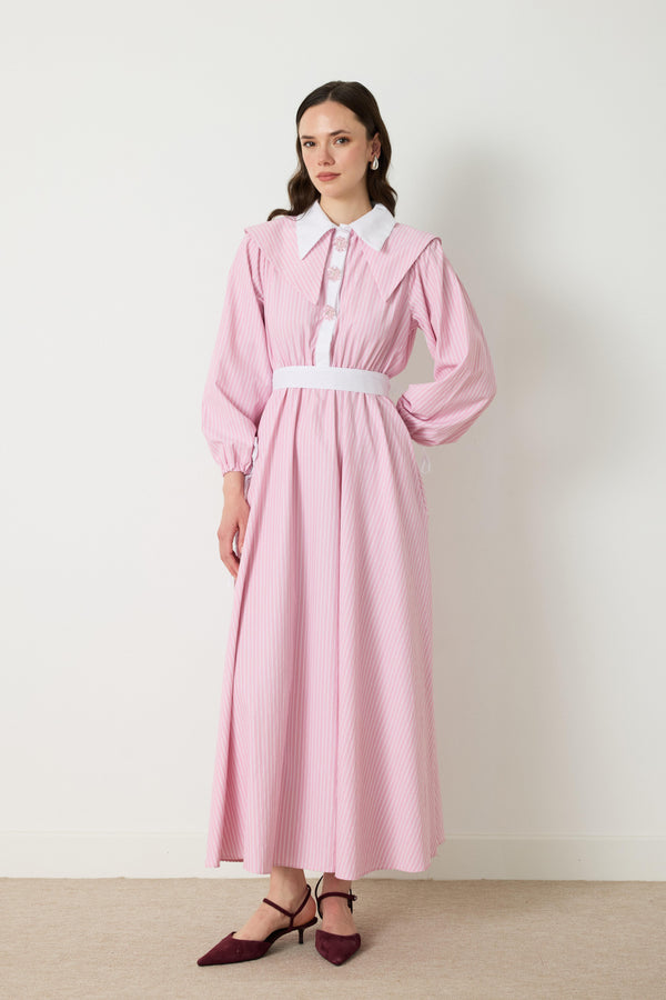 Lana Yaka Patlı Çizgili Elbise - Pembe