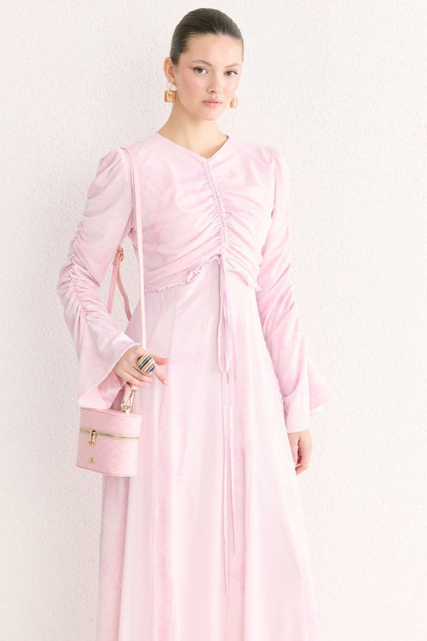 Lara Desenli Baskılı Tül Şifon Elbise - Pembe