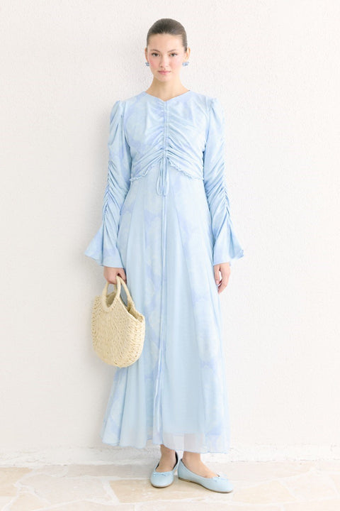 Lara Patterned Printed Tulle Chiffon Dress - baby blue
