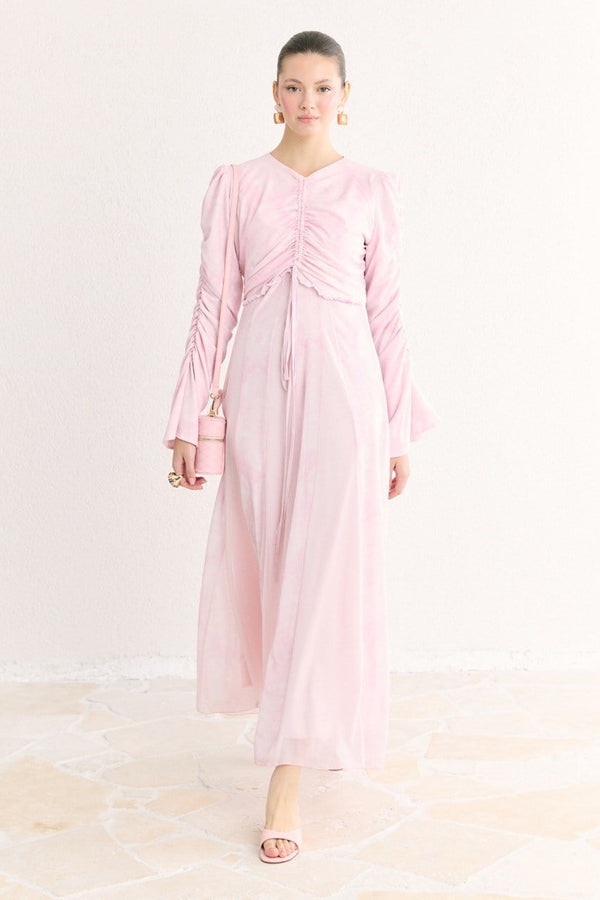 Lara Desenli Baskılı Tül Şifon Elbise - Pembe