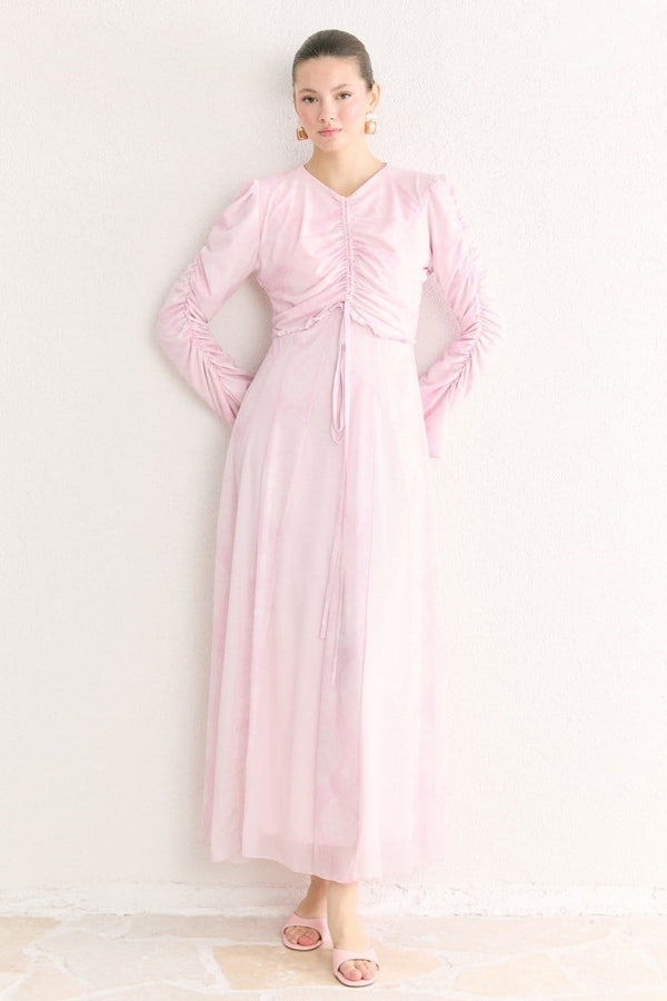 Lara Desenli Baskılı Tül Şifon Elbise - Pembe