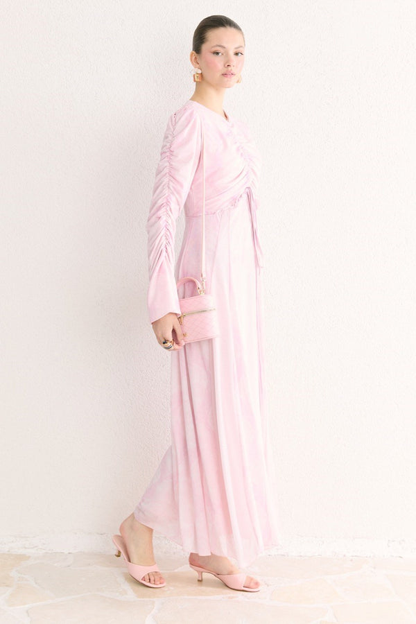 Lara Desenli Baskılı Tül Şifon Elbise - Pembe
