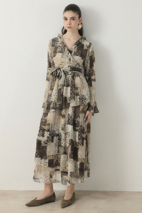 Larin Patterned Chiffon Cross-Over Set - Khaki