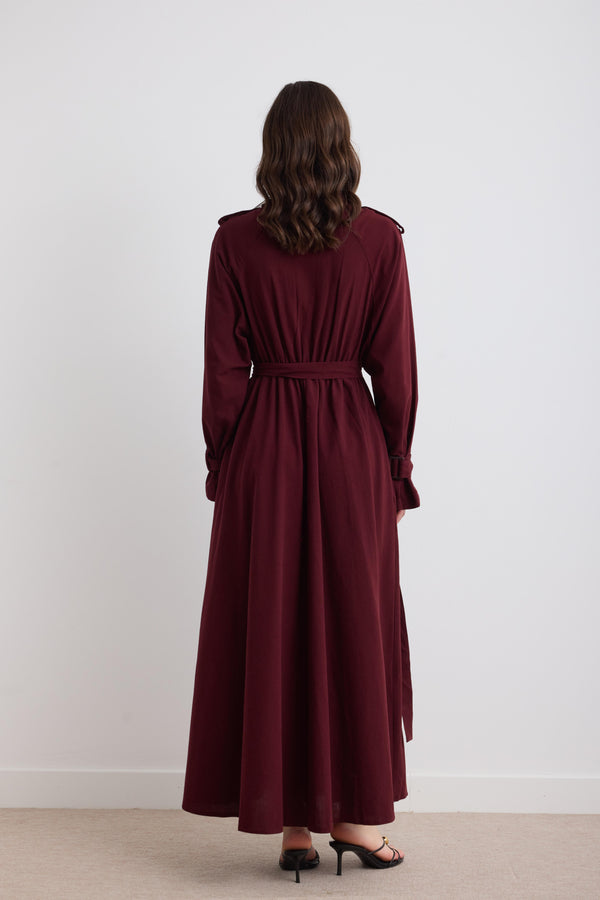 Leona Keten Trenç Elbise - Bordo