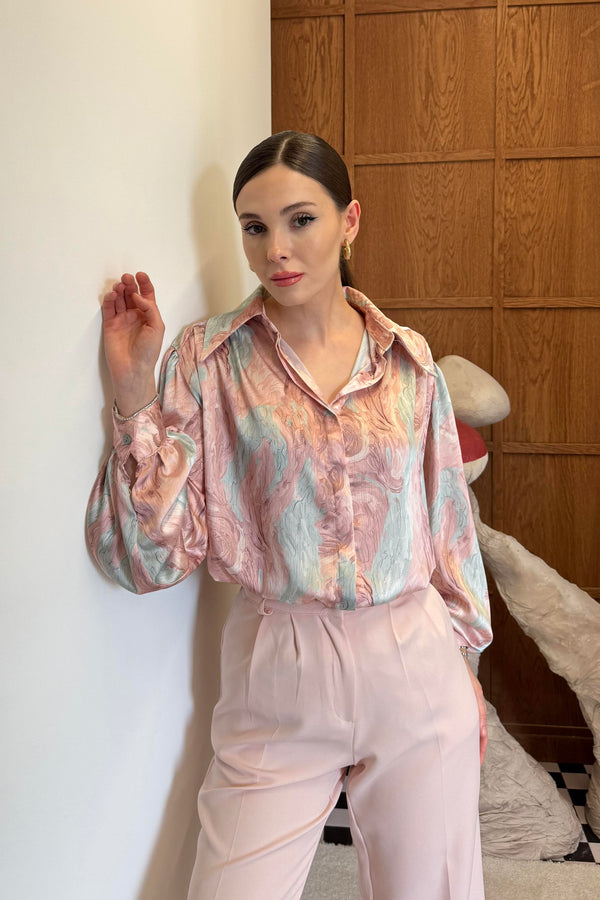 Leora Desenli Yoryo Saten Gömlek - su yeşili