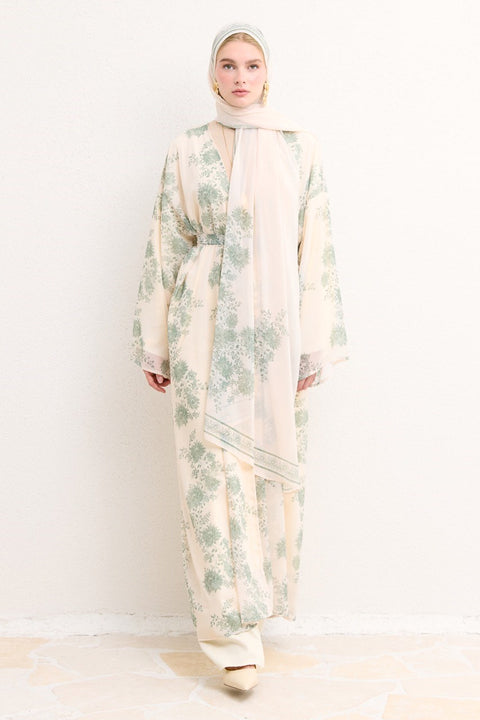 Mela Patterned Abaya with Shawl - Beige