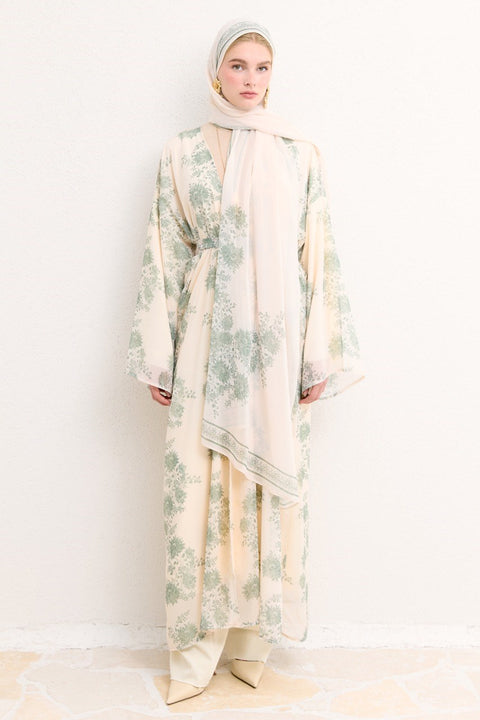 Mela Patterned Abaya with Shawl - Beige