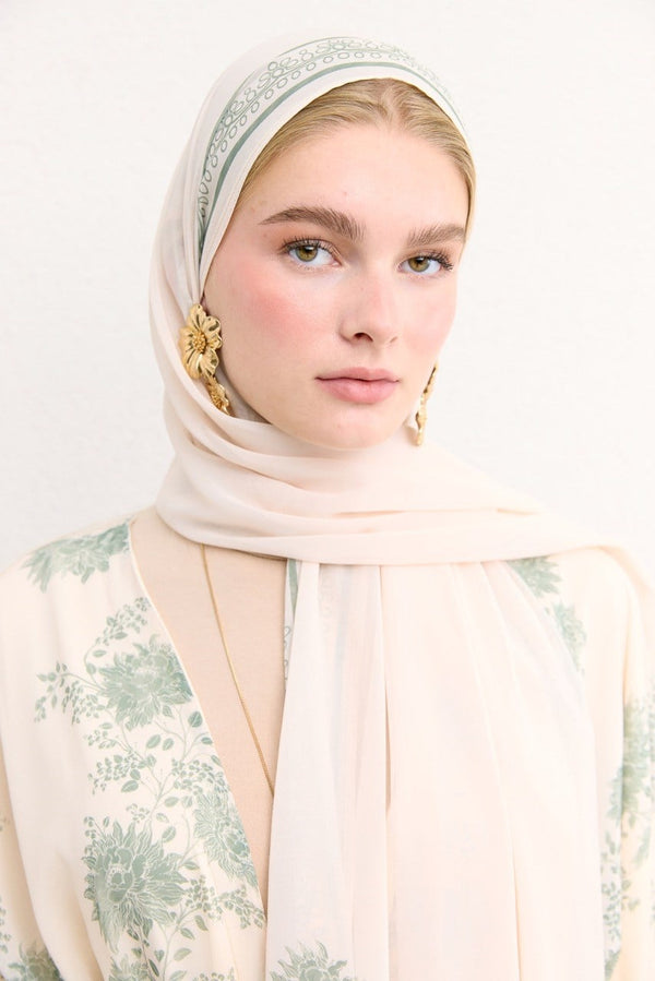 Mela Desenli Şallı Abaya - Bej