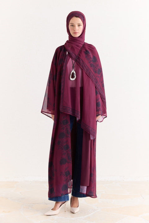Mela Patterned Abaya with Shawl - Burgundy