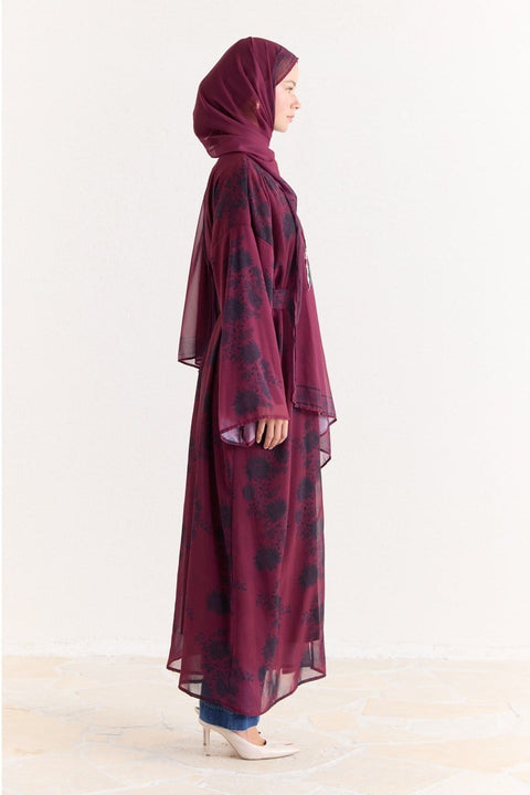 Mela Patterned Abaya with Shawl - Burgundy