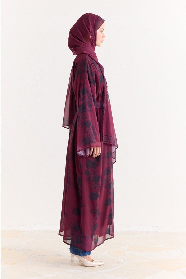 Mela Desenli Şallı Abaya - Bordo