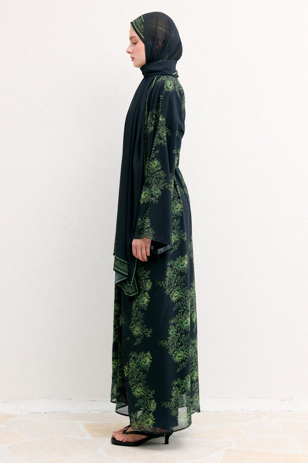 Mela Desenli Şallı Abaya - Siyah