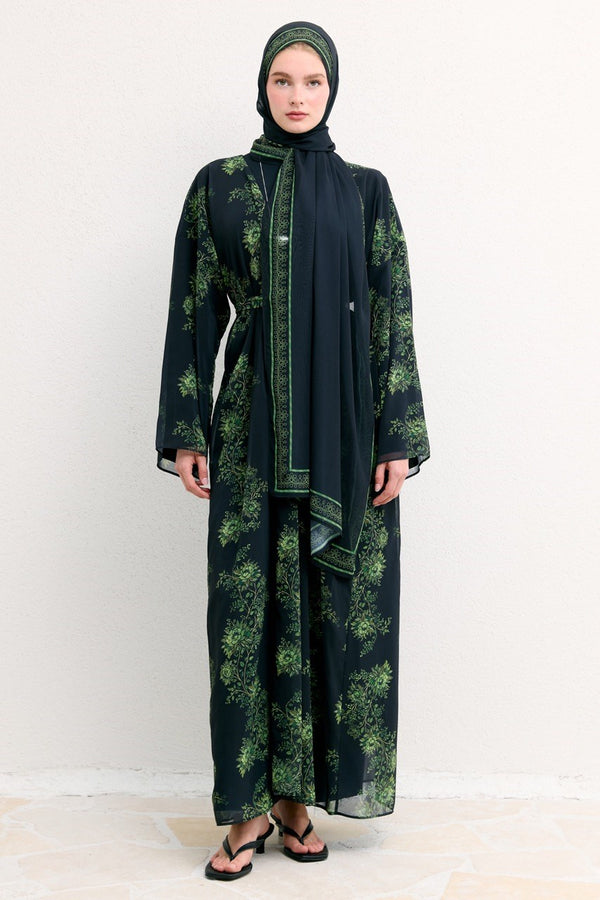 Mela Desenli Şallı Abaya - Siyah