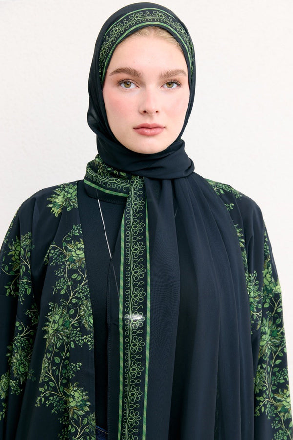 Mela Desenli Şallı Abaya - Siyah