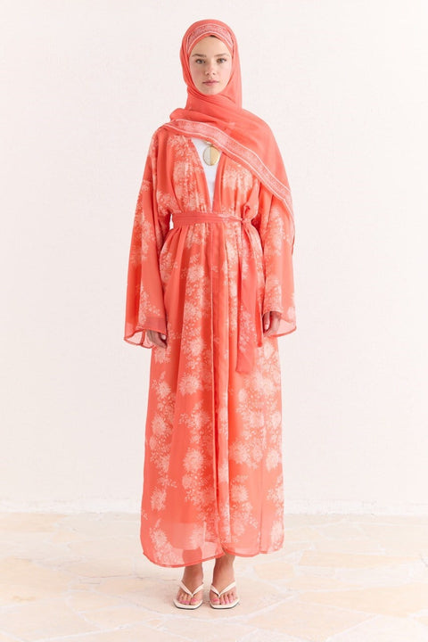 Mela Patterned Abaya with Shawl - Orange