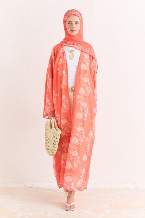 Mela Patterned Abaya with Shawl - Orange