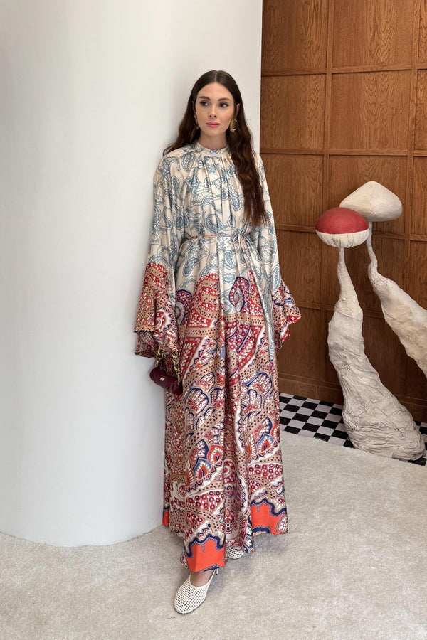 Melina Yaka Bağlamalı Saten Desenli Elbise - Bordo