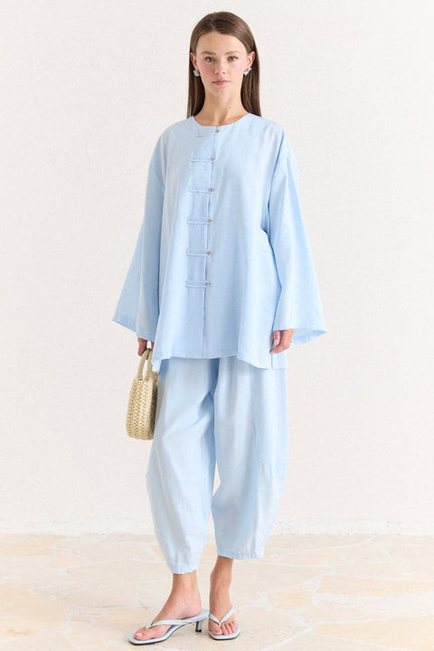 Modal Trouser Suit with Detailed Waist - Blue