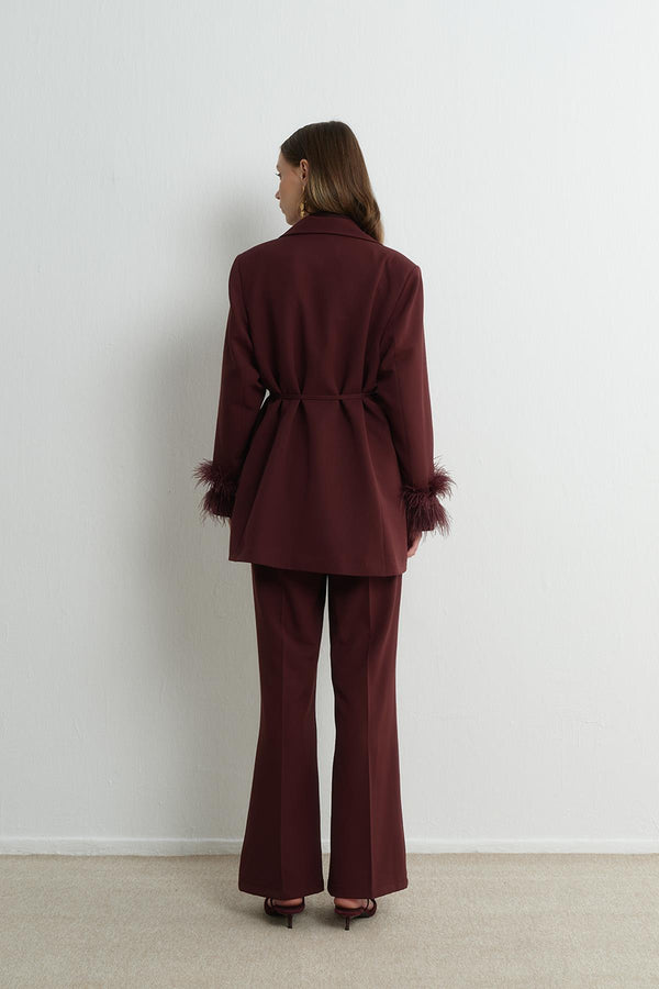 Mona Tüylü Blazer Ceket Takım - Burgonya