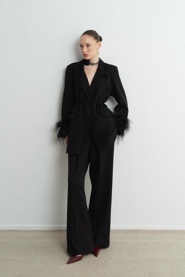 Mona Tüylü Blazer Ceket Takım - Siyah