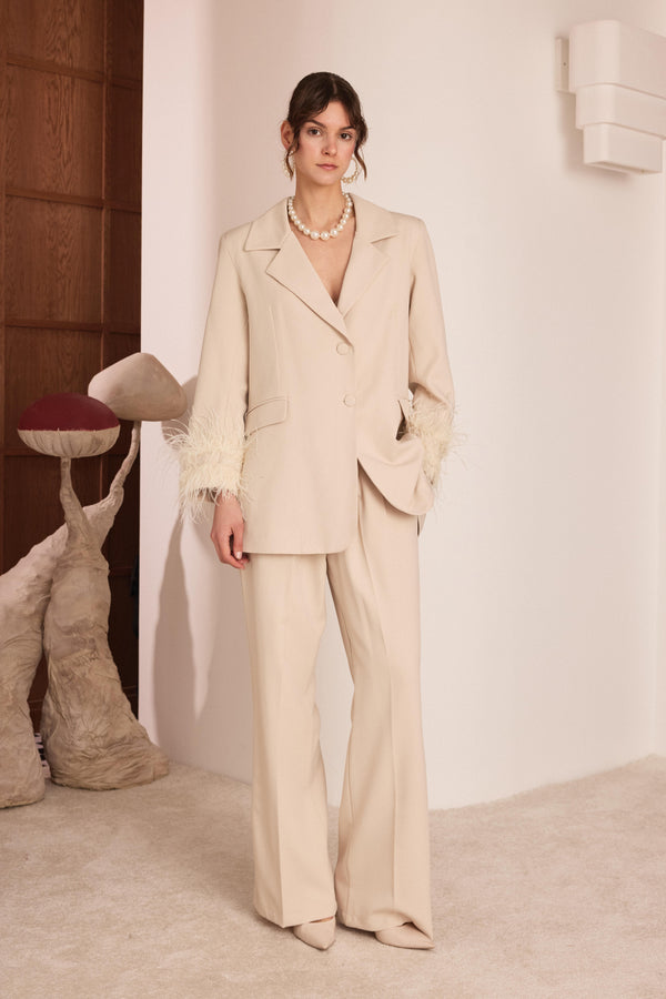 Mona Tüylü Blazer Ceket Takım - Taş