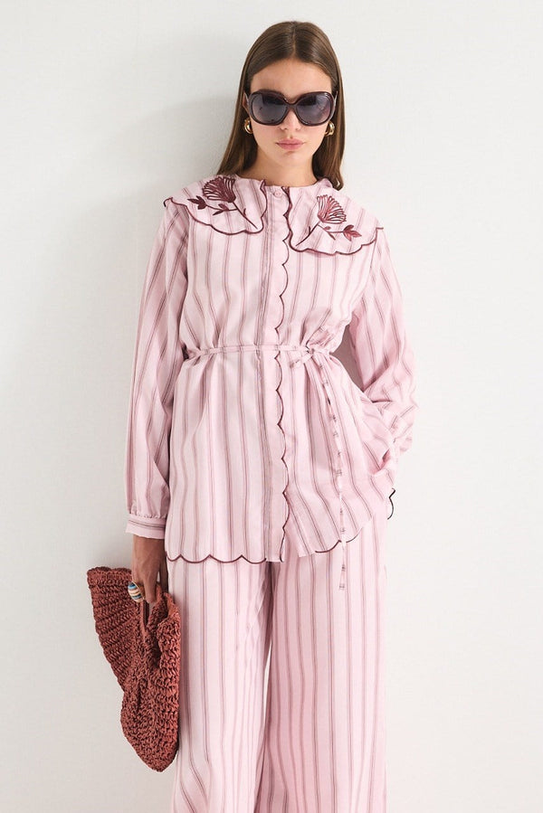 Nakış Detaylı Çizgili Poplin Gömlek Takım - Pembe