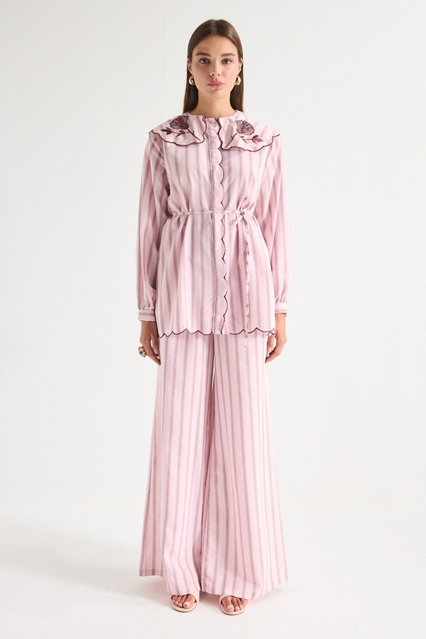 Nakış Detaylı Çizgili Poplin Gömlek Takım - Pembe