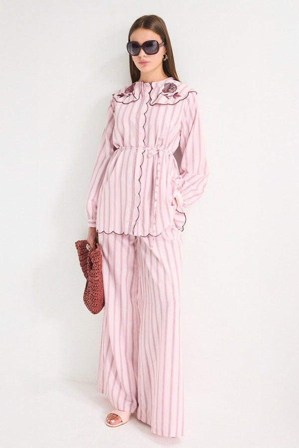 Nakış Detaylı Çizgili Poplin Gömlek Takım - Pembe