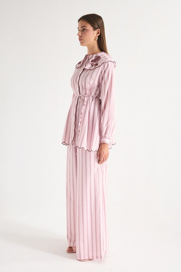 Nakış Detaylı Çizgili Poplin Gömlek Takım - Pembe