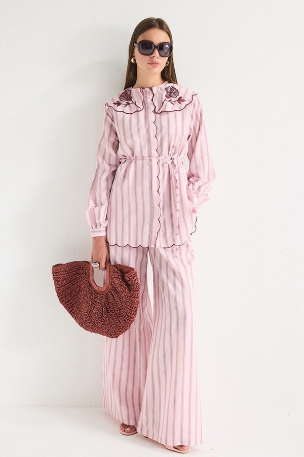 Nakış Detaylı Çizgili Poplin Gömlek Takım - Pembe