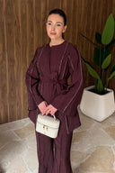 Ribbed Rhinestone Trousers Set - Burgundy
