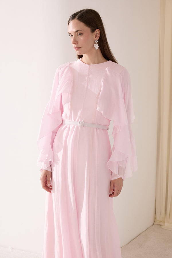 Olinn Kol Volanlı Kemerli Elbise - Pembe