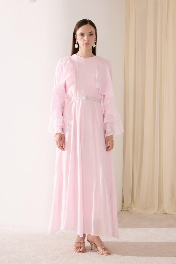Olinn Kol Volanlı Kemerli Elbise - Pembe
