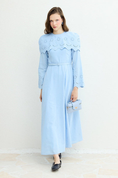 Shoulder Embroidered Detail Dress - Blue