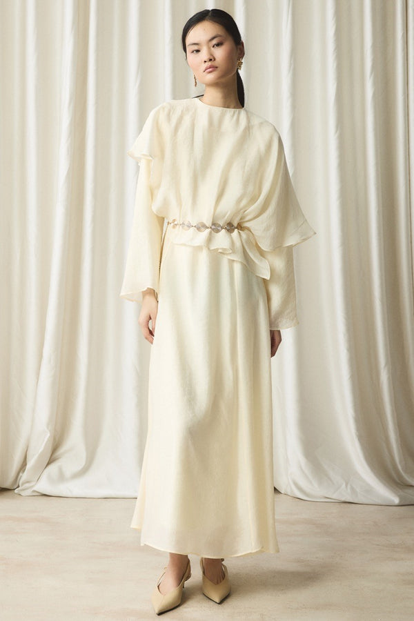 Omuz Detaylı Kemerli Elbise - Sarı