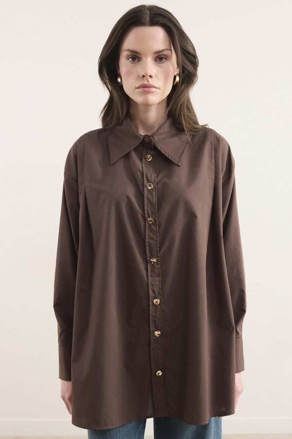 Omuz Pileli Dacron Gömlek - Kahve