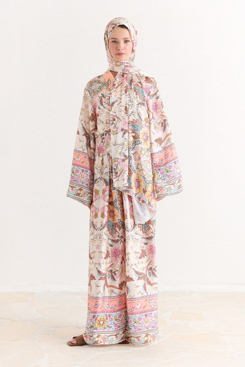 Front-Tie Chiffon Satin Patterned Set - Orange