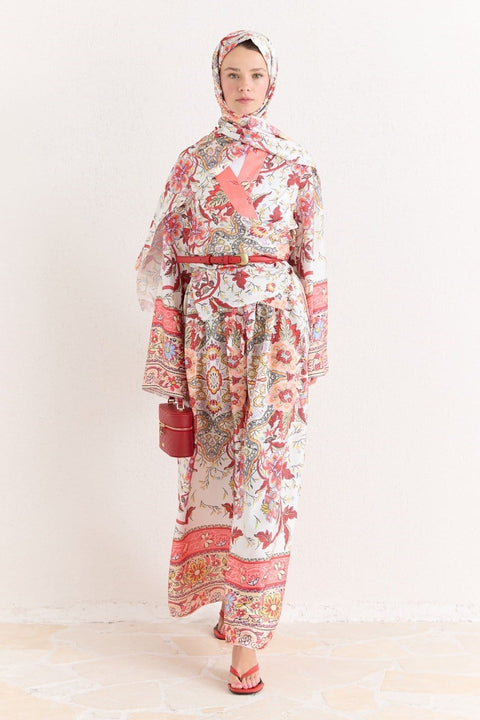 Front-Tie Chiffon Satin Patterned Set - Red