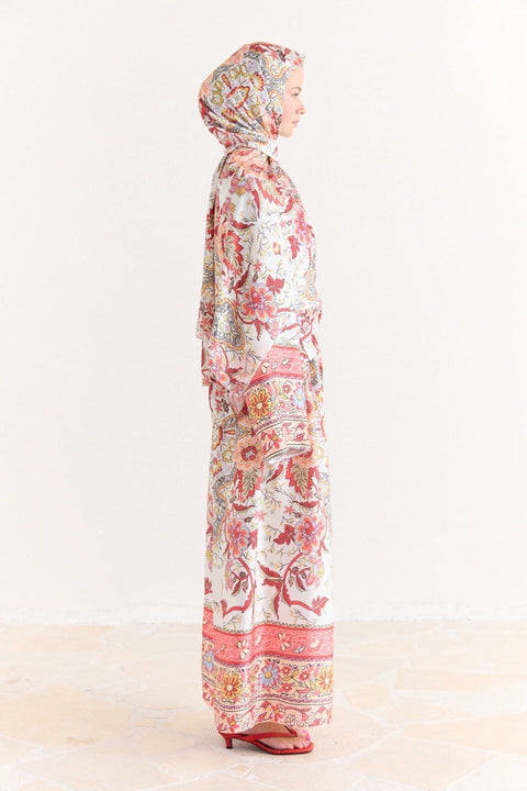 Front-Tie Chiffon Satin Patterned Set - Red