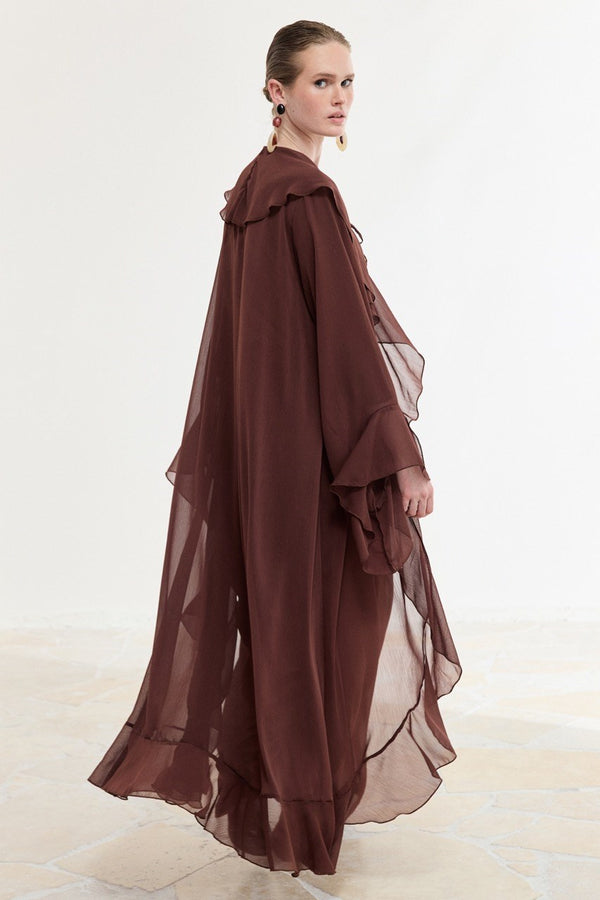 Ön Volanlı Şifon Abaya Takım - Kahve