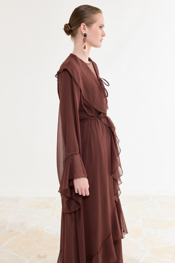 Ön Volanlı Şifon Abaya Takım - Kahve