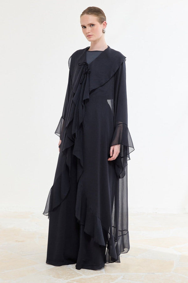 Ön Volanlı Şifon Abaya Takım - Lacivert