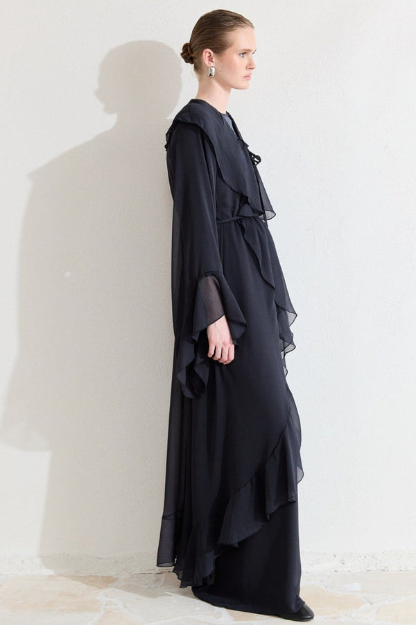 Ön Volanlı Şifon Abaya Takım - Lacivert